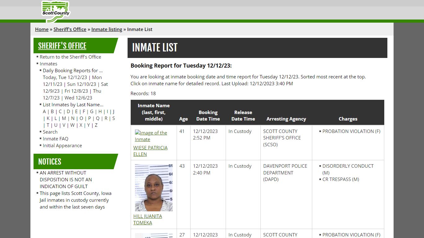 Inmate List - Scott County, Iowa